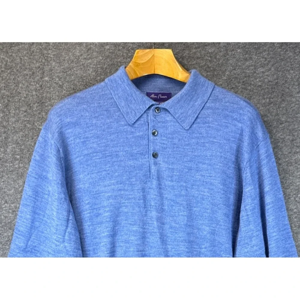 NWT Alan Flusser Polo Sweater‎ Mens XL Blue Merino Wool Long Sleeve Quiet Luxury
